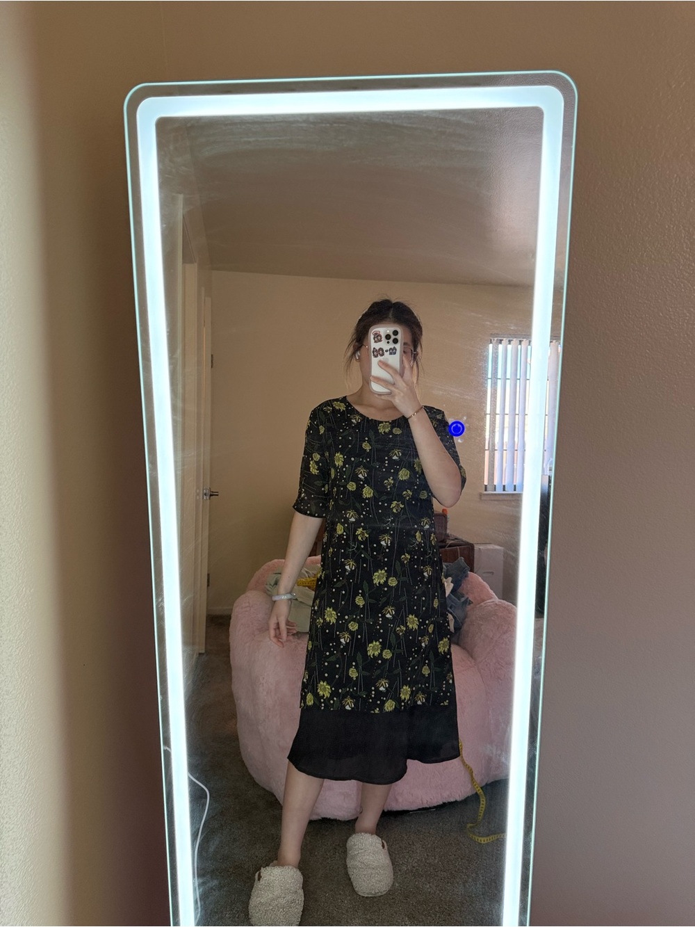 Black Floral Midi Dress with Yellow Print